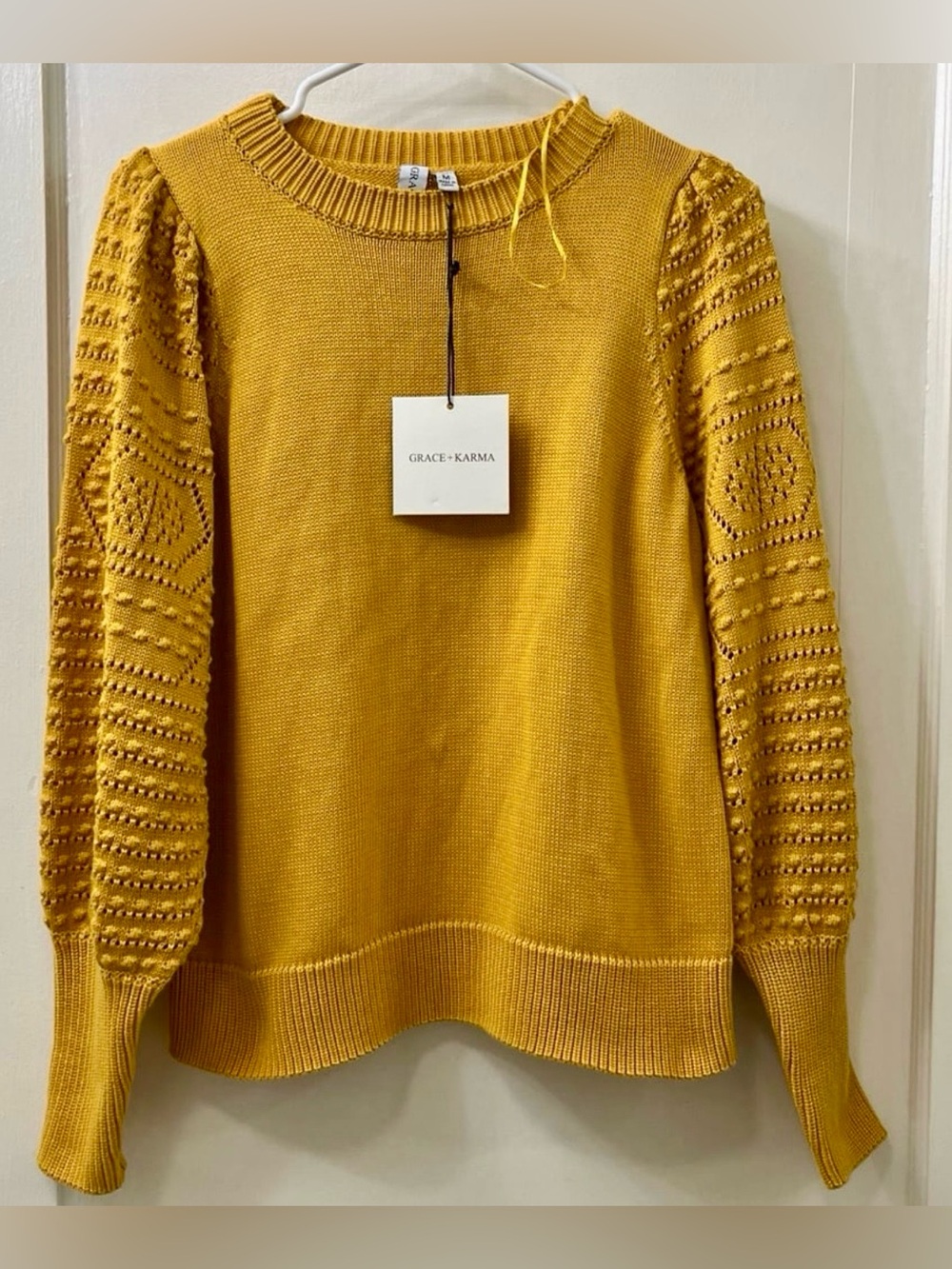 Golden Yellow Knit Sweater with Textured Sleeve Detail